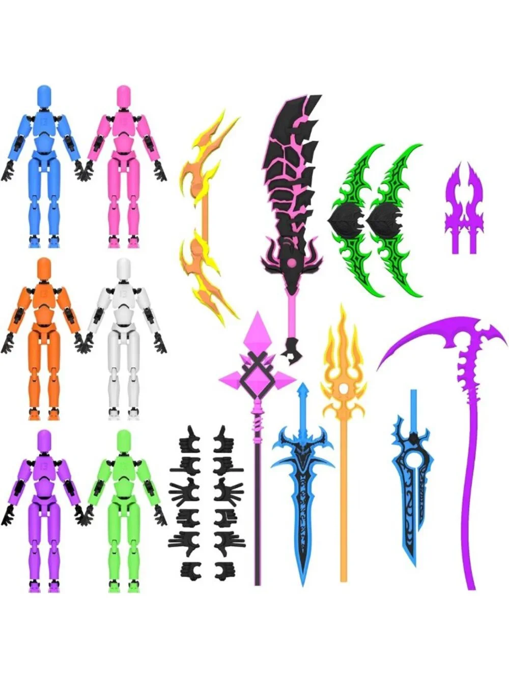 6-Pack Glowing 3D Printed Action Figures Set with Weapons - Colorful